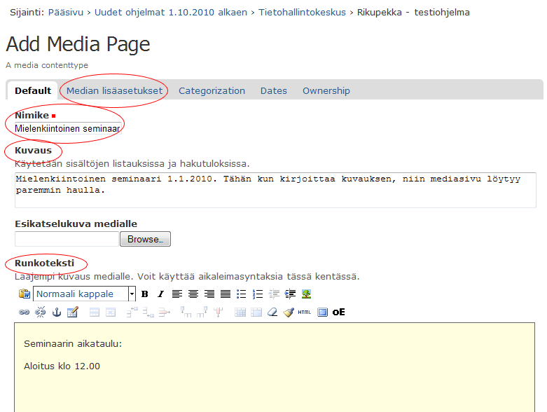 Mediasivun oletusnäkymä