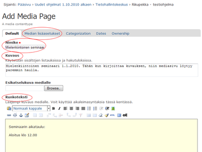 Mediasivun oletusnäkymä